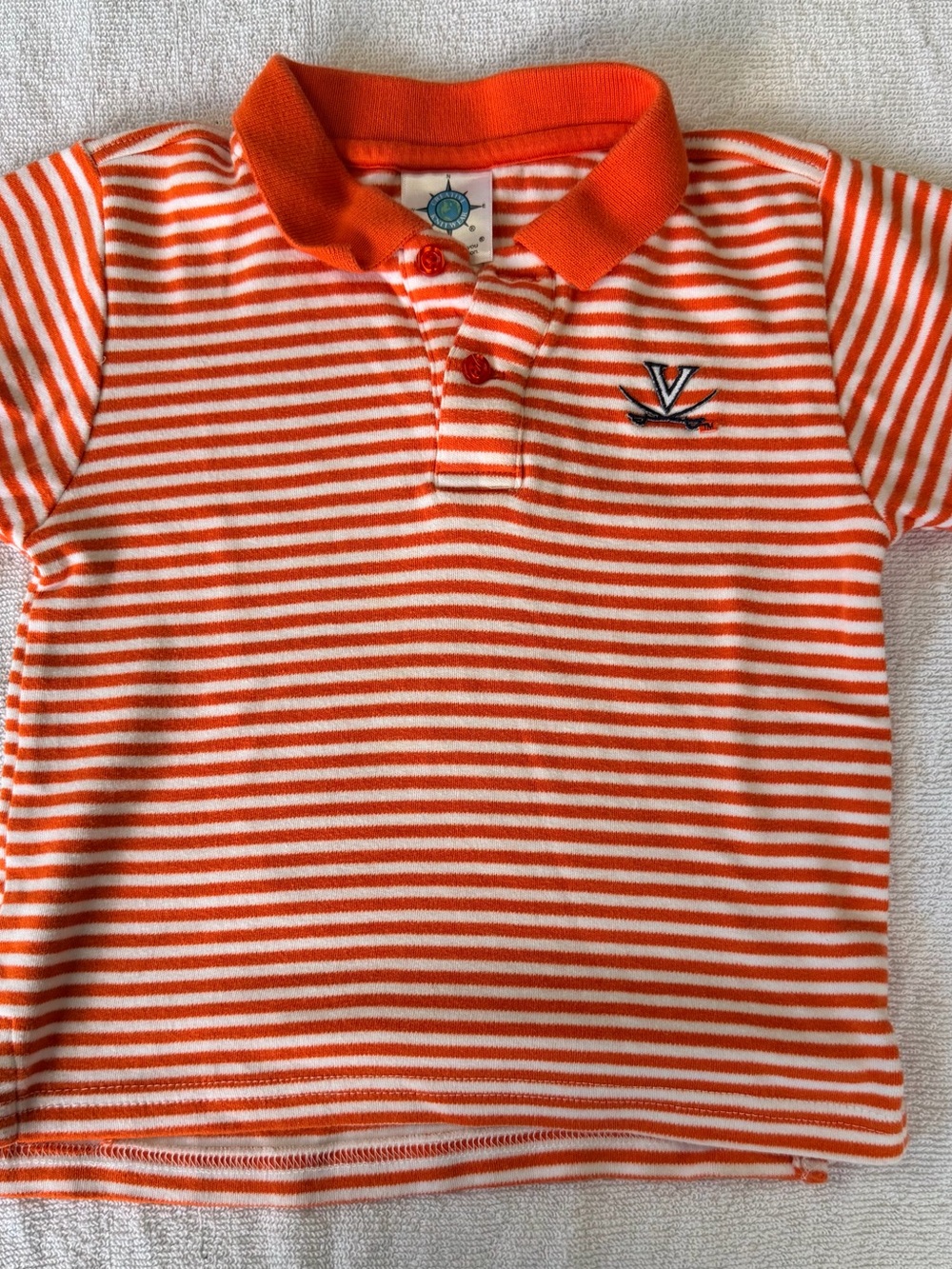 Kids Virginia Polo Shirt - Striped Orange & White with V & Sabres Logo